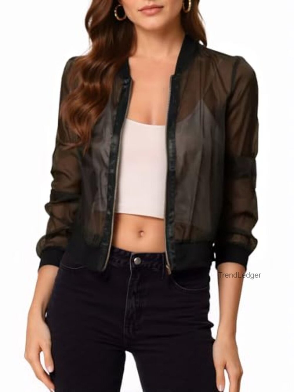 Fisoew Women's Sheer Mesh Crop Bomber Jacket Lightweight Zip Up